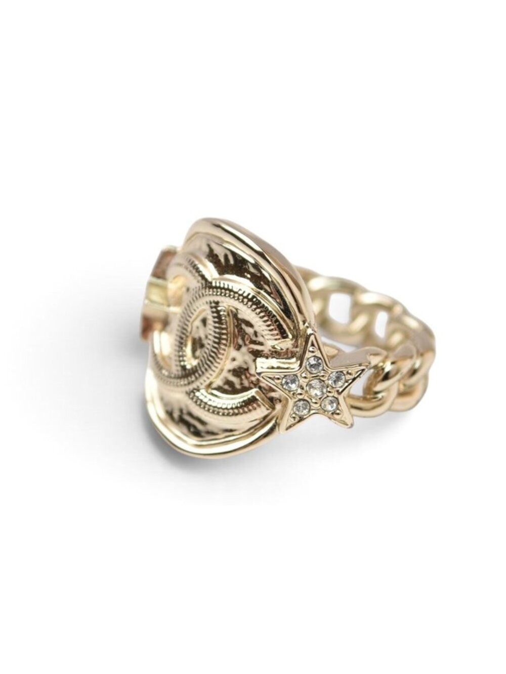 Chanel Ring CC Logo Star Rhinestone Gold Plated